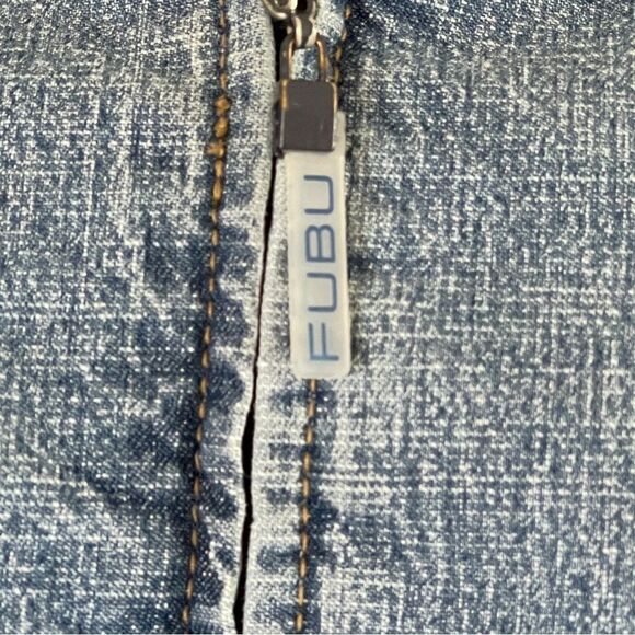 Vintage Fubu Women's Denim Zip Up Jacket with Orange and Green Stripe Accents L - Picture 3 of 16